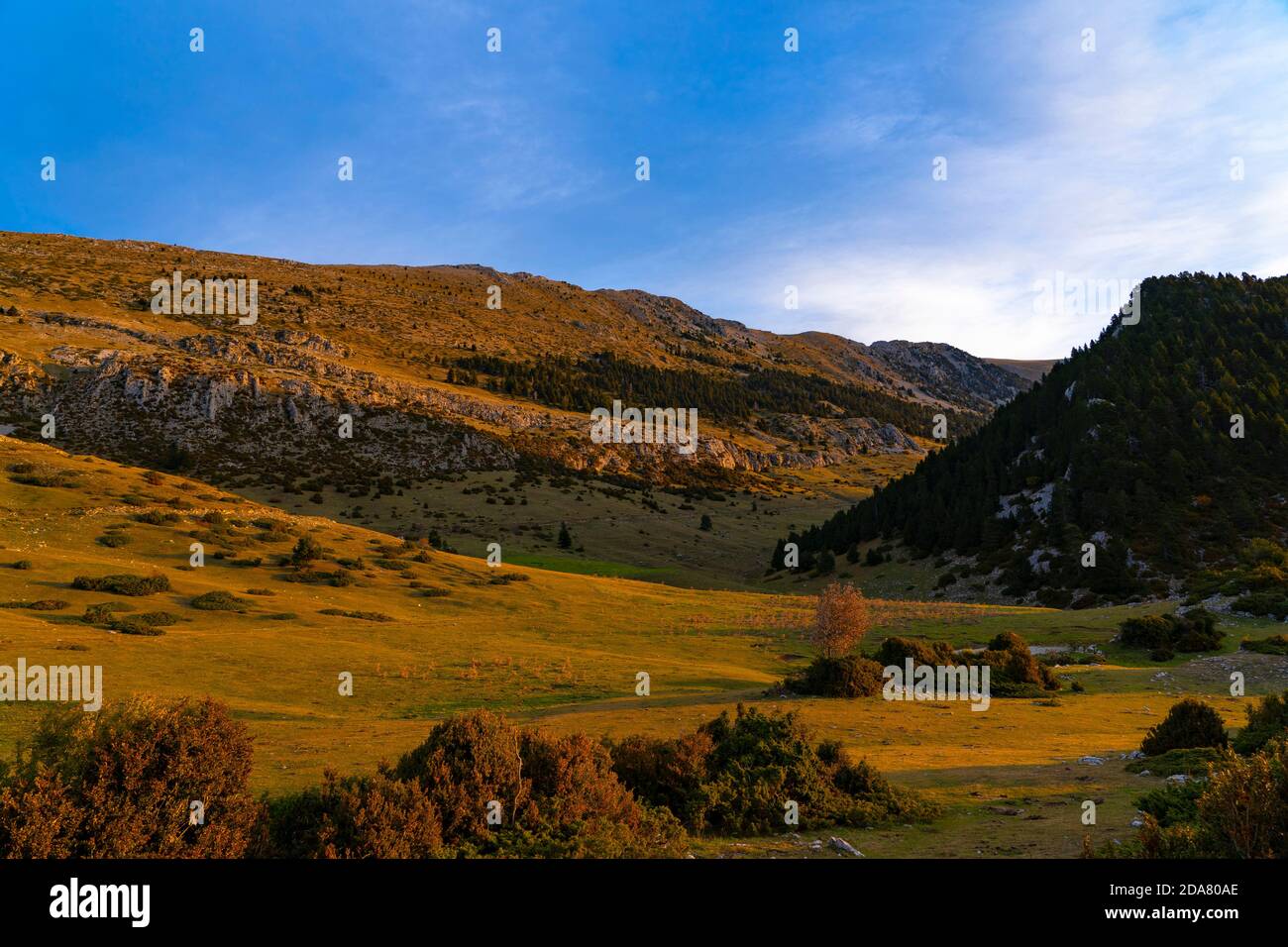 Sonnenaufgang in der Nähe von Coll de les Bassotes, Pedraforca, dem gegabelten Berg Kataloniens. Stockfoto