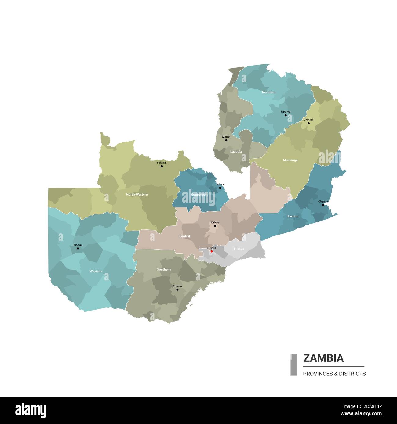Sambia hat detaillierte Karte mit Unterteilungen. Verwaltungskarte von Sambia mit Bezirken und Stadtnamen, farbig nach Bundesstaaten und Verwaltungsbezirk Stock Vektor