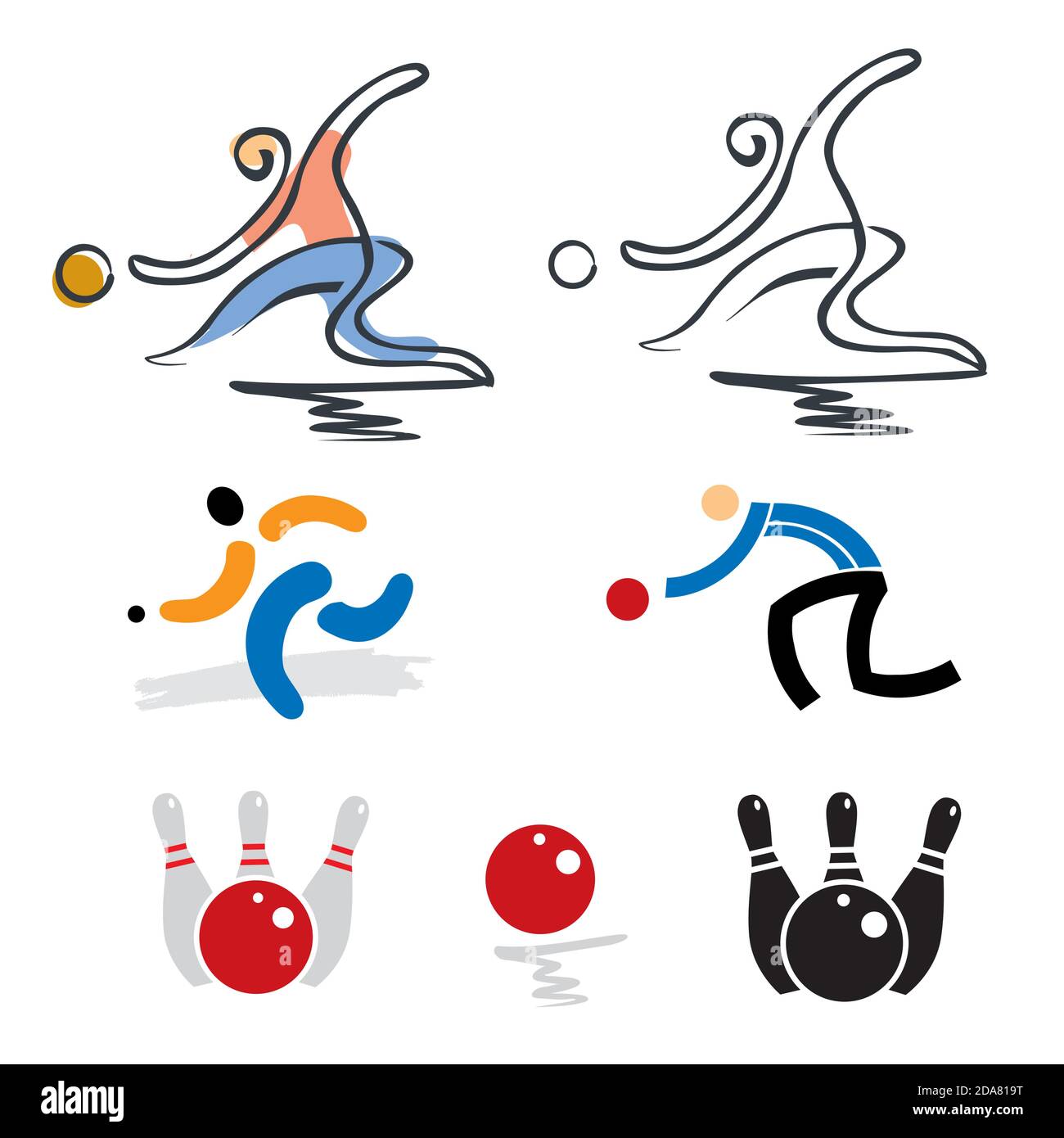 Bowling und Petanque Spieler Symbole. Abbildung: Bowling und Petanque Spieler. Auf weissem Hintergrund. Vektor zur Verfügung. Stock Vektor