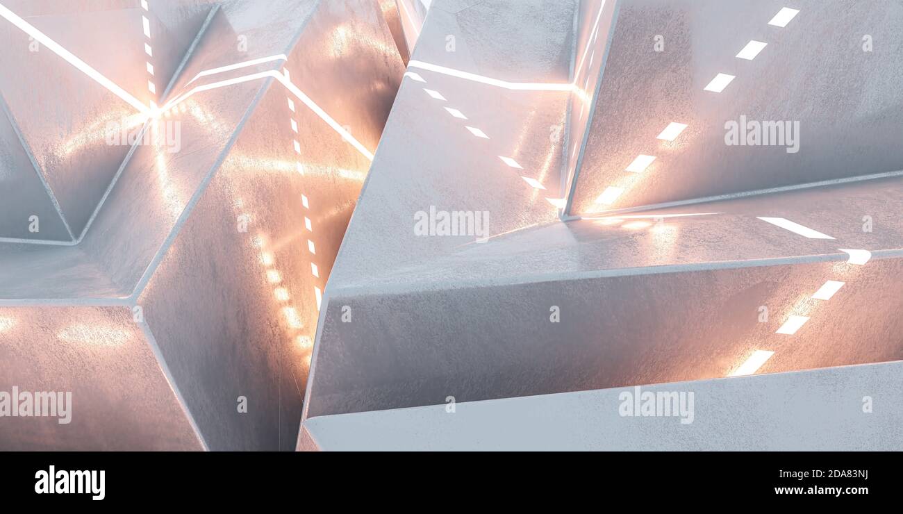 Futuristisches Material Metall Hintergrund mit orange leuchtendes Licht 3d Render Abbildung Stockfoto