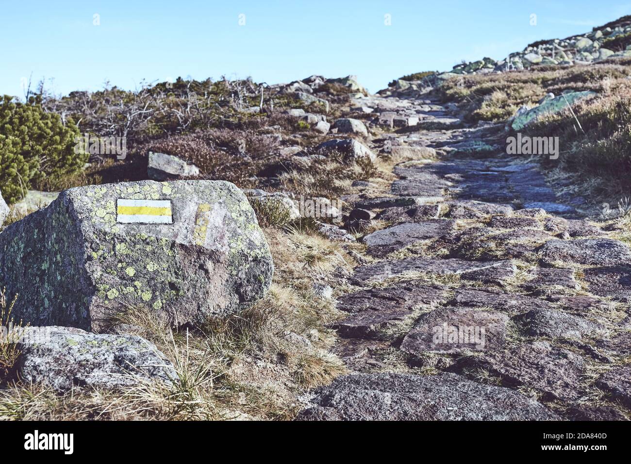 Bergwanderweg Marker auf einem Felsen, selektiver Fokus, farbiges Bild. Stockfoto