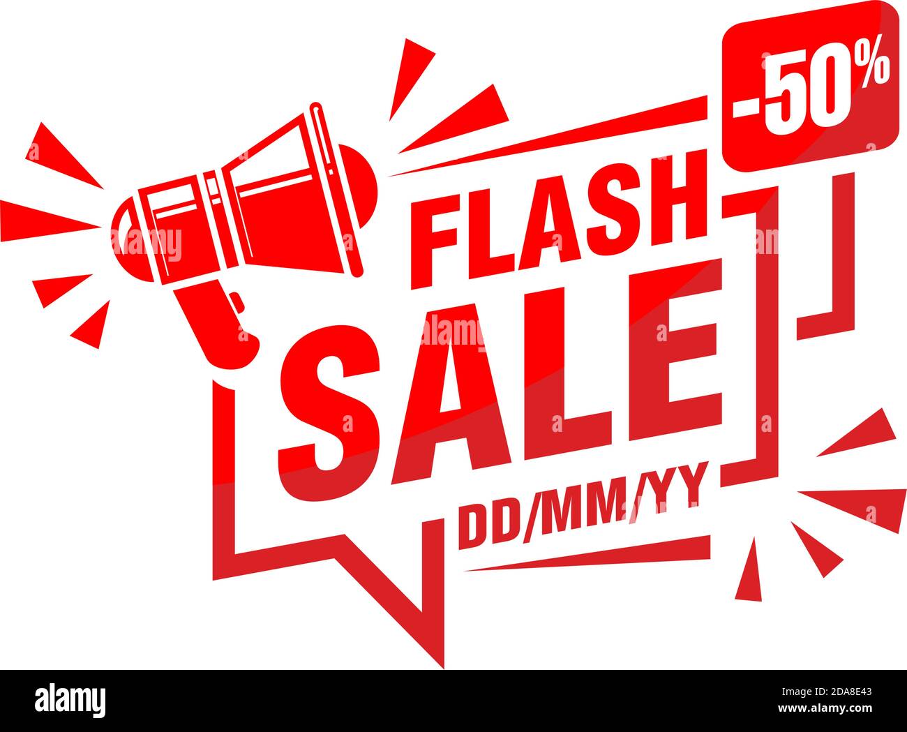 Flash Verkauf Rabatt Aufkleber mit Megaphon Vorlage Förderung. Megaphon, Ereignisdatum, Prozentsatz. Illustration, Vektor auf transparentem Hintergrund Stock Vektor