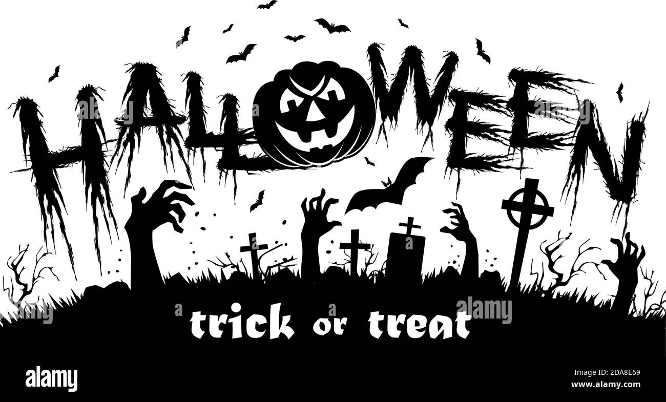 Halloween Poster mit Horror Elementen: zombie Hände, Kürbis, Fledermaus. Abbildung, Vektor Stock Vektor
