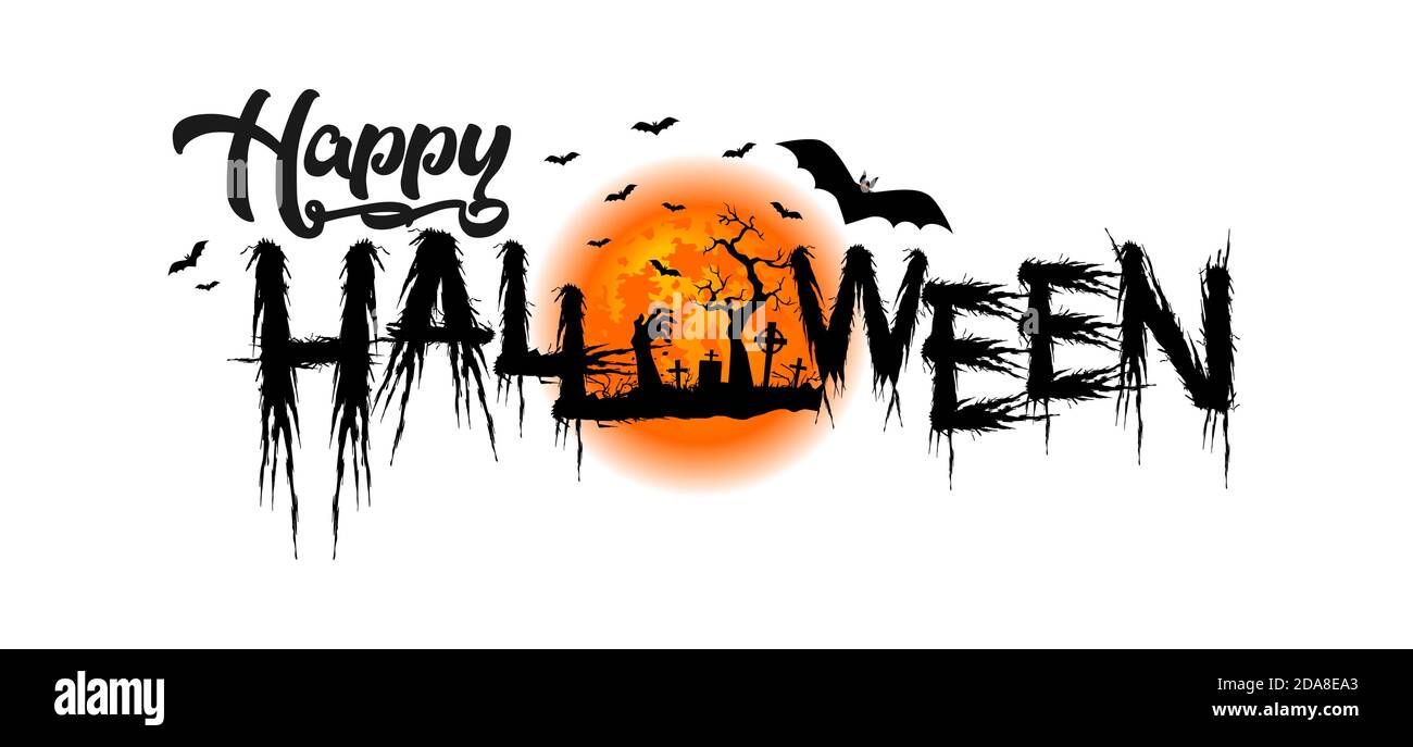Halloween Party Poster mit Horror Elementen: Vollmond, Friedhof, Kreuze, Zombie Tote Hand, Fledermaus. Abbildung, Vektor Stock Vektor