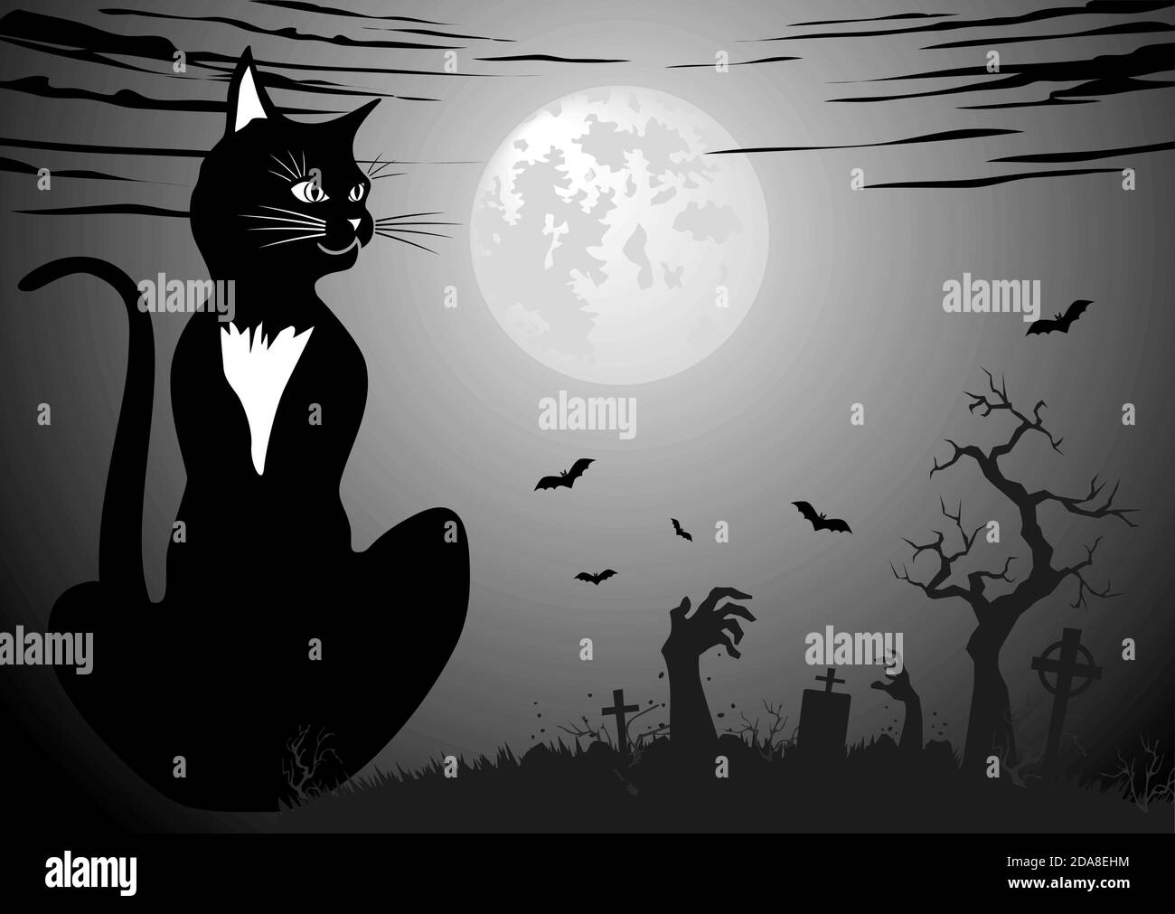 Halloween Nacht schwarze Katze. Schwarz-weiße Grußkarte mit Horror-Elementen. Vollmond, Friedhof, tote Hand gegen dunkle Nacht. Abbildung, Vektor Stock Vektor