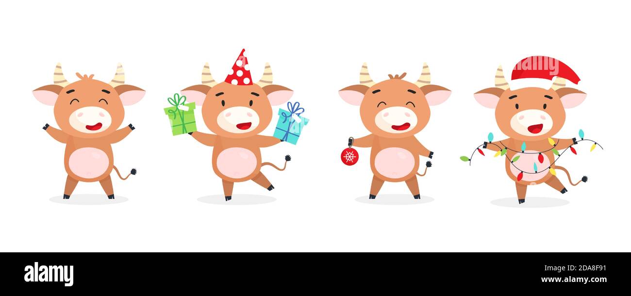 Sammlung von Weihnachtsbullen im Cartoon-Stil. 2021 Jahre Kuh. Set von niedlichen Oxes in weihnachtsmützen isoliert auf weiß. Vektordarstellung des Symbols Stock Vektor