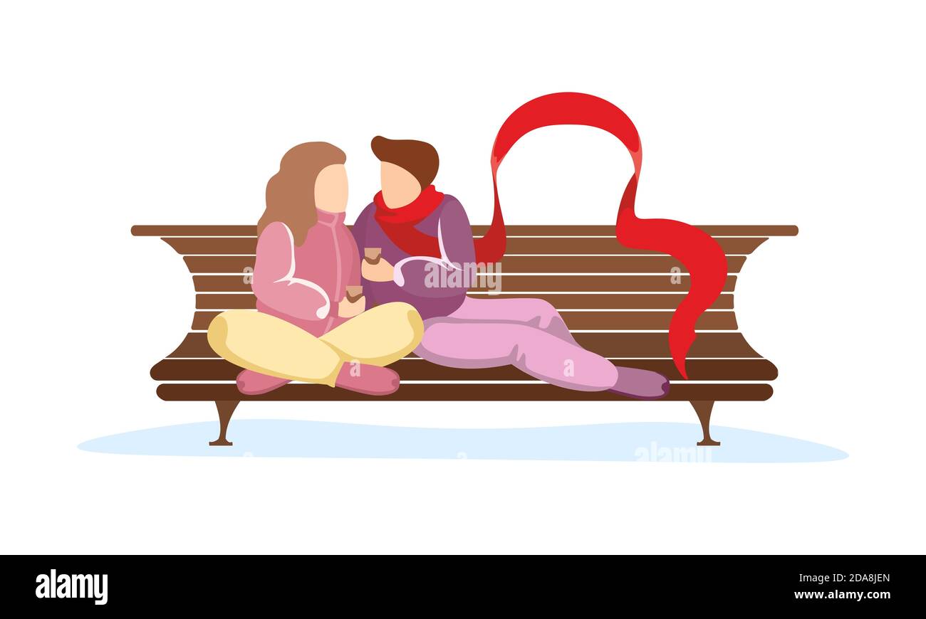 Verliebte Paare sitzen auf der Parkbank. Junge liebende Mädchen Umarmungen Kerl in langen roten Schal. Mann und Frau romantische Beziehung Vektor isolierte Illustration Stock Vektor