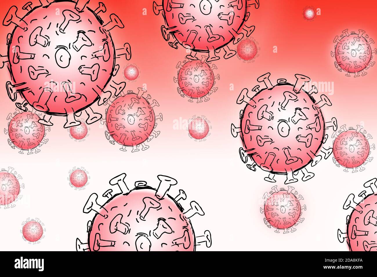 Handgezeichnete Covid Corona Virus Partikel in verschiedenen Größen schweben Auf rotem und weißem Hintergrund Stockfoto