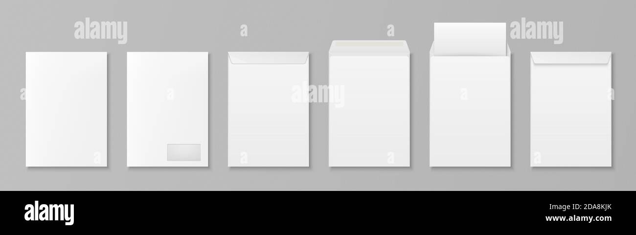 Vector 3d realistisches weißes Papier leeres Umschlag mit Briefbogen und Fenster isoliert. A4, C5, C6, A6, C6, A5, C5. Designvorlage für Mockup Stock Vektor