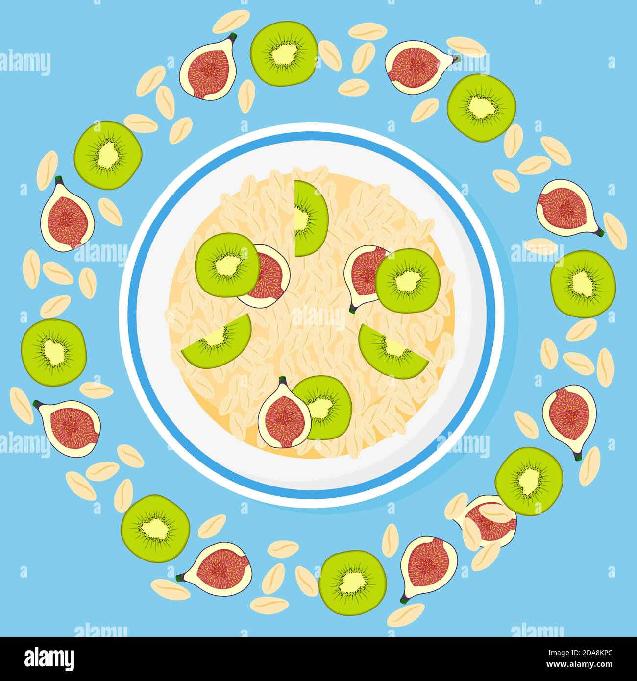 Granola, Feige, Kiwi in Schale auf blauem Hintergrund. Müsli Früchte gesund natürliches Frühstück. Gesunde Ernährung, Haferflocken, Vektor-Cartoon-Illustration. Stock Vektor