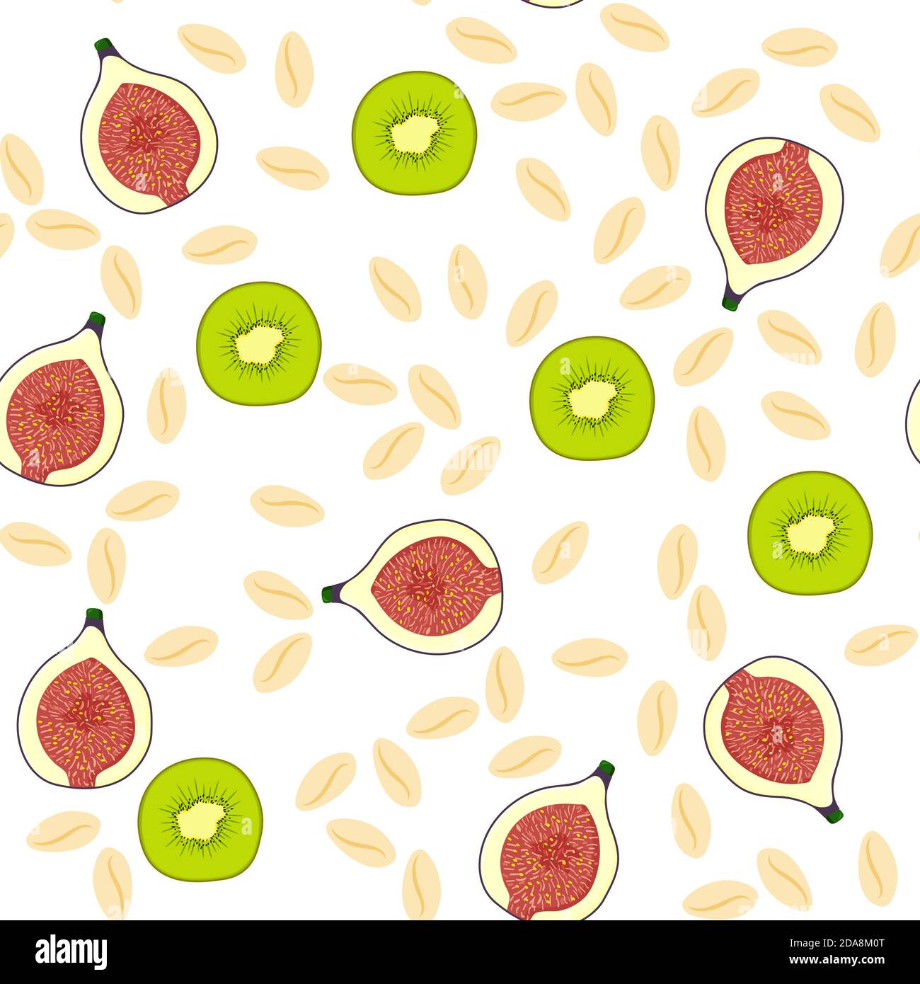Nahtloses Muster mit Müsli, Müsli, Feige, Kiwi auf weißem Hintergrund. Gesunde Ernährung, Haferflocken, Vektor-Cartoon-Illustration. Stock Vektor