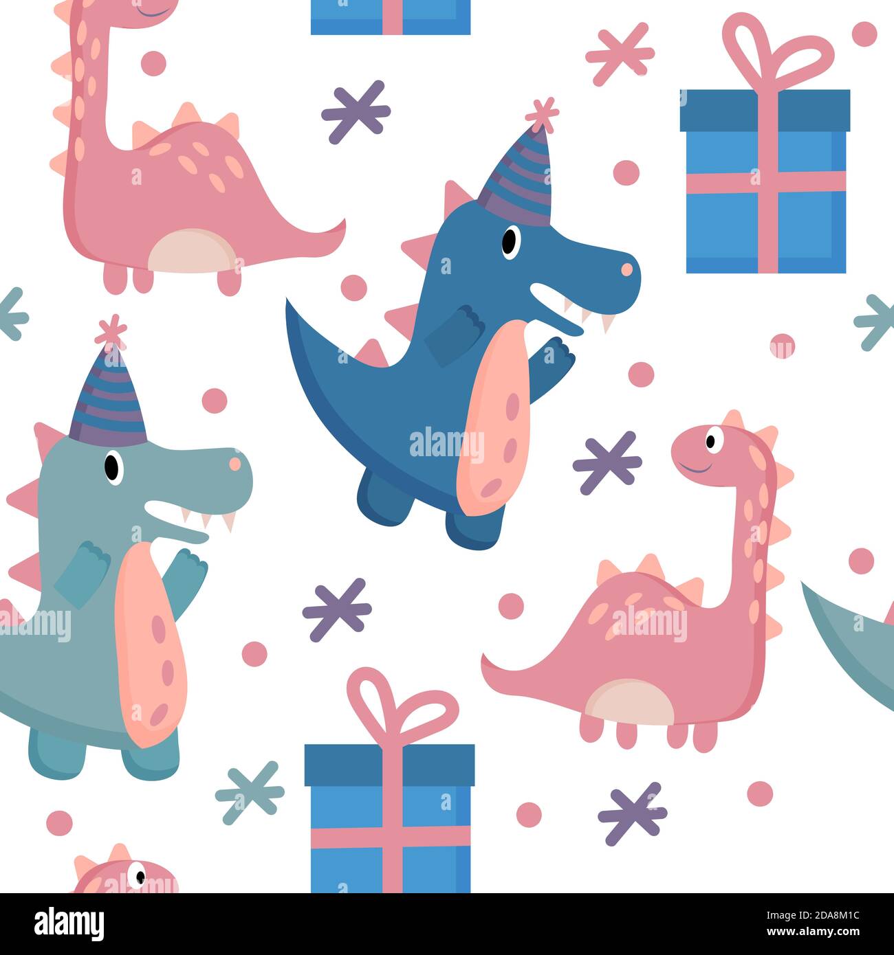 Nahtlose Muster niedlichen Dinosaurier im Stil Cartoon, Alles Gute zum Geburtstag. Isoliert auf weißem Hintergrund. Vektorgrafik flach. Stock Vektor