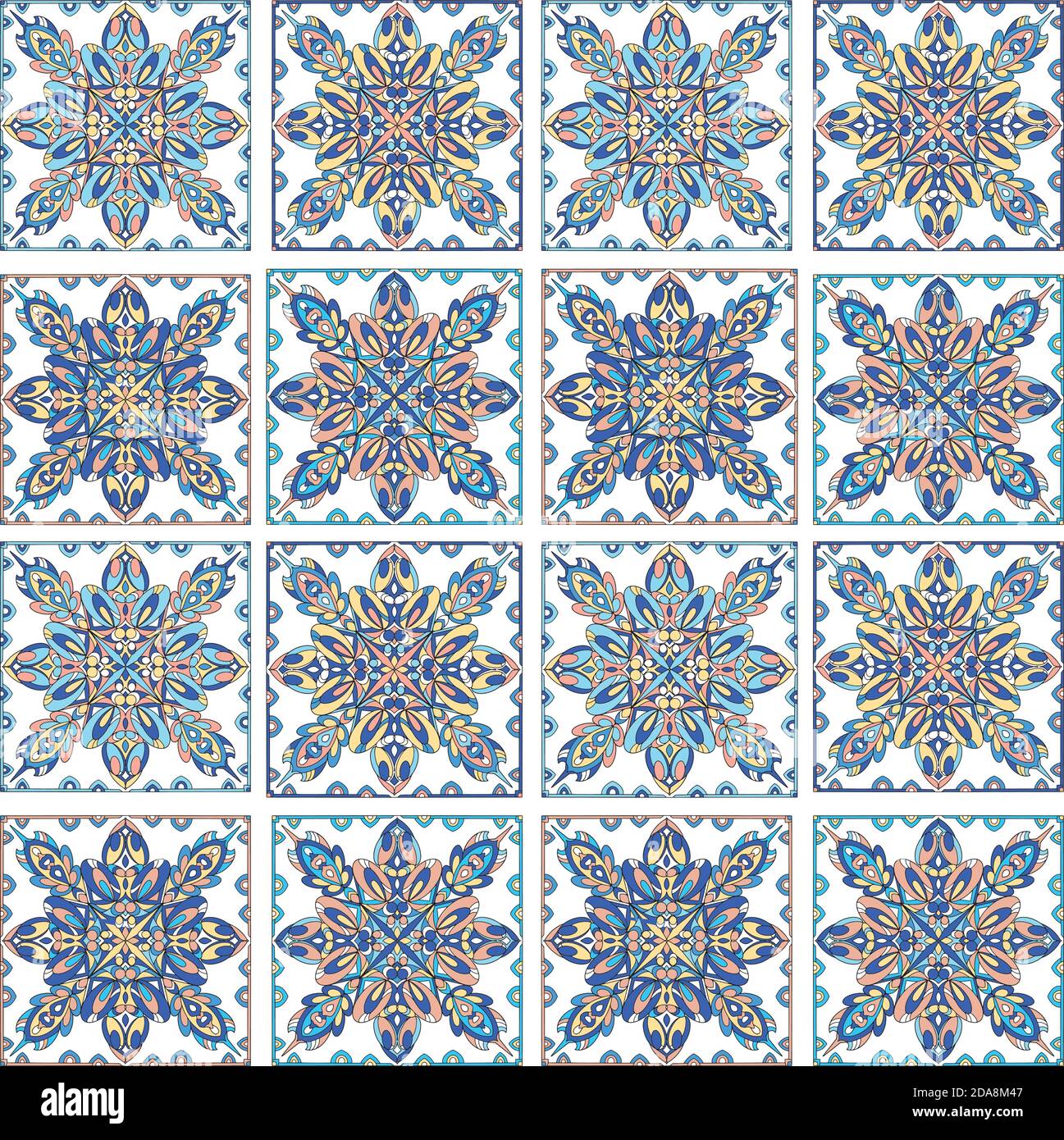 Rundes Mandala Nahtloses Muster. Arabisches, indisches, islamisches, osmanisches Ornament. Blaues Blumenmuster, Motiv. Vektorgrafik. Stock Vektor