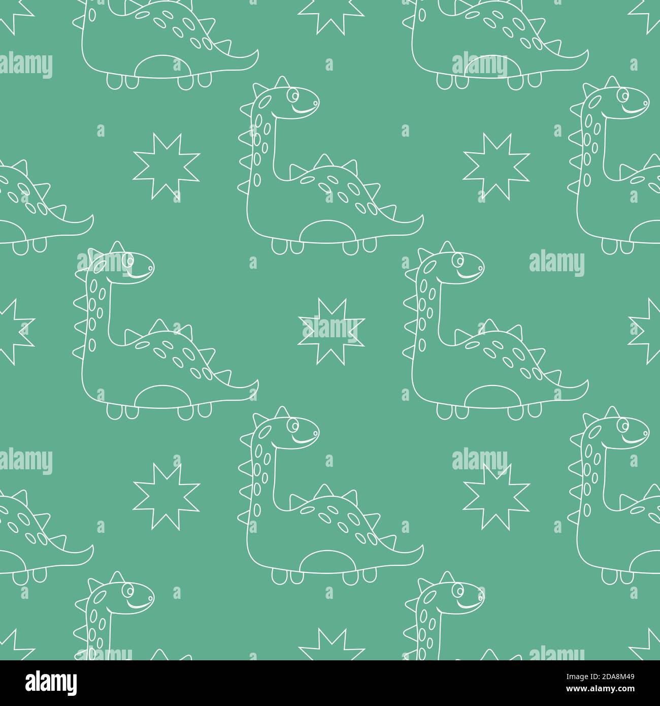 Nahtloses Muster mit niedlichen Dinosauriern auf grünem Hintergrund. Vektorgrafik Cartoon-Illustration. Stock Vektor