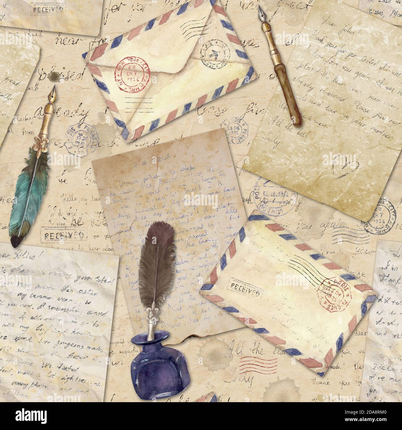 Nahtloses Muster im Vintage-Stil mit handgeschriebenen Briefen, Poststempeln, Umschlägen, Füllfederhaltern, Federn. Aquarell handgezeichnete Illustration Textu Stockfoto