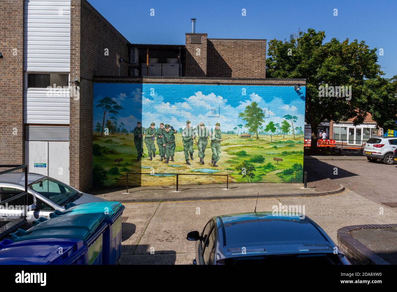 Wandgemälde an der Seite von Thetford Dad's Army Museum (die TV-Show der 1970er Jahre wurde in der Stadt gedreht), Thetford, Norfolk, Großbritannien. Stockfoto