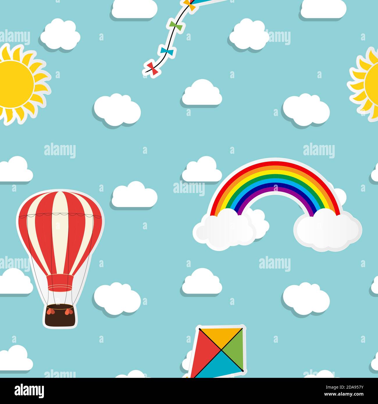 Kind nahtlose Muster Hintergrund mit Regenbogen, Sonne, Wolke, Drachen und Ballon. Abbildung Stockfoto