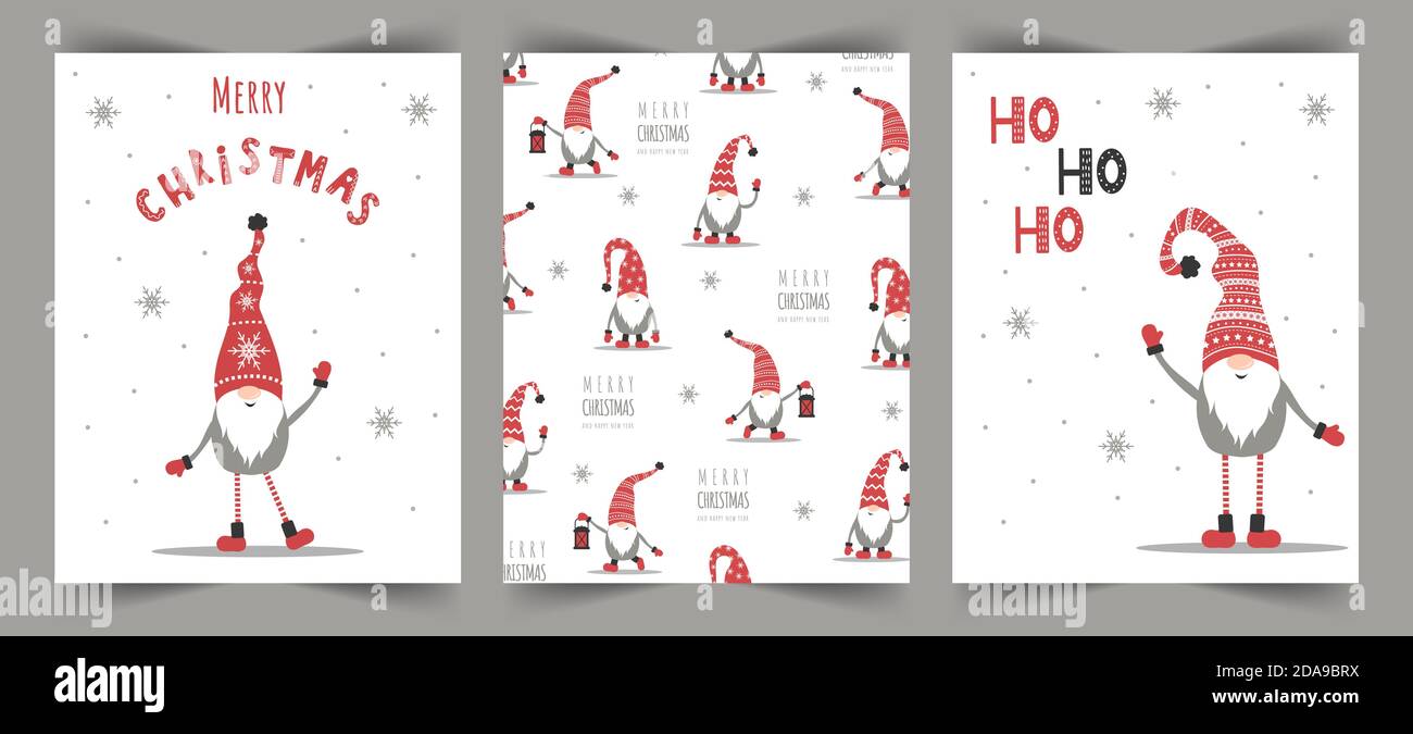 Vektor-Weihnachtskarten mit Gnomen. Saisongrüße. Stock Vektor