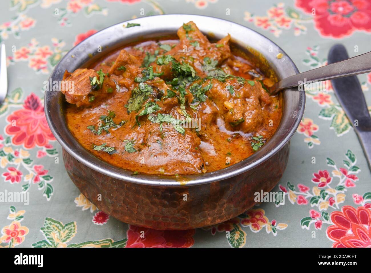 Würziges Hammelcurry Rogan josh Curry in einer Sauce aus Quark und heißen Gewürzen roten Chilischoten zubereitet. Laal Maas würziges Lamm Fleisch Curry aus Jaipur Rajasthan Stockfoto