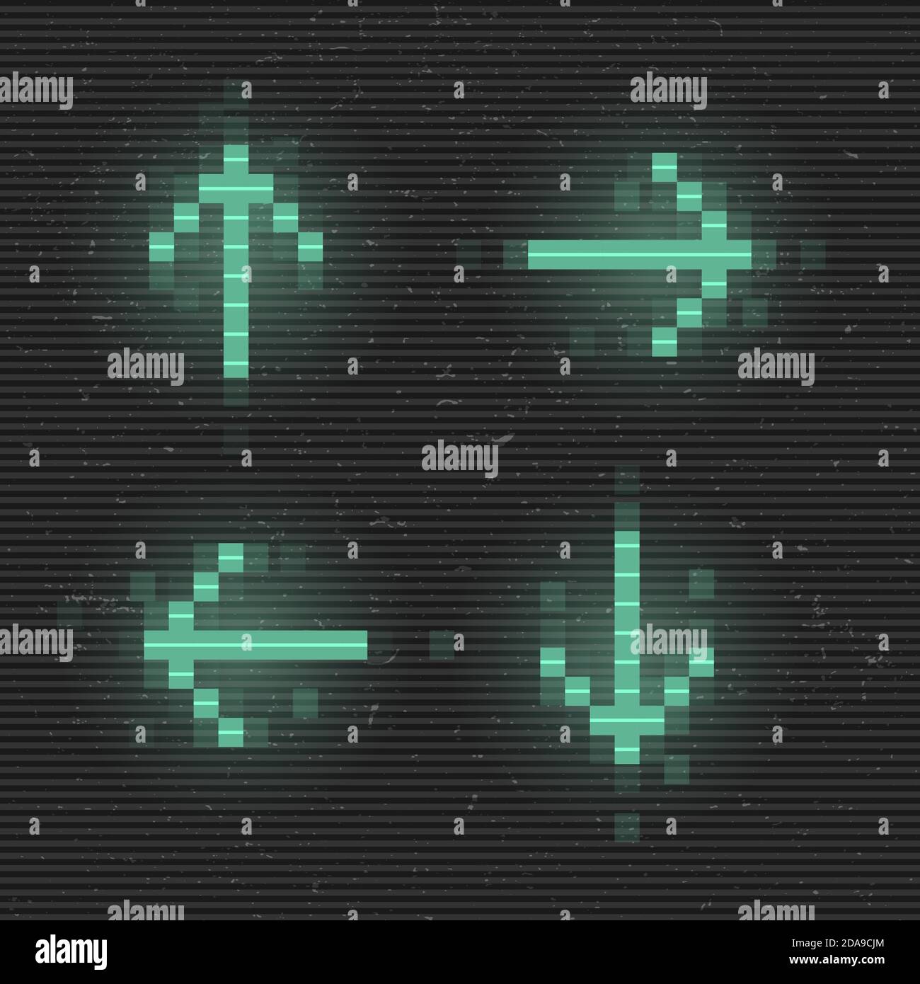 Nachrüstende Reihe von Glitch-Pfeilen. Grün leuchtende digitale Zeiger. 8-Bit-Pixel-Pfeile. Cyberpunk leuchtende Designelemente für Poster, Flyer, Cover Stock Vektor