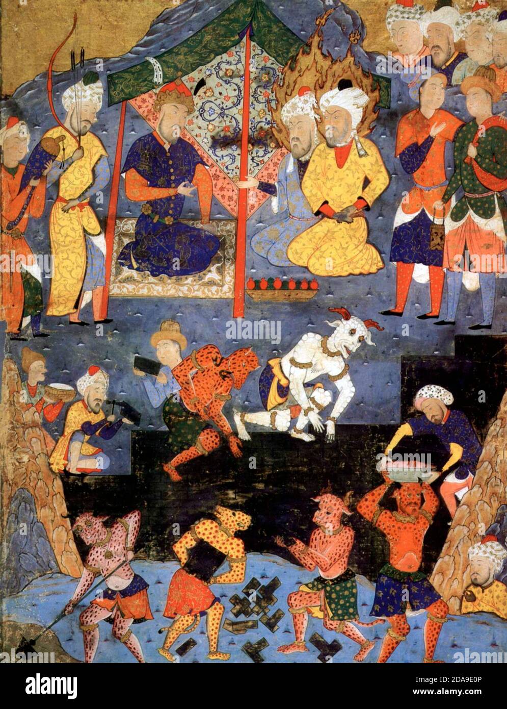 Zulqarnayn mit Hilfe einiger Dschinn, Bau der Eisernen Mauer, um die barbarischen Gog und Magog von zivilisierten Völkern zu halten (16. Jahrhundert persischen Miniatur) Stockfoto