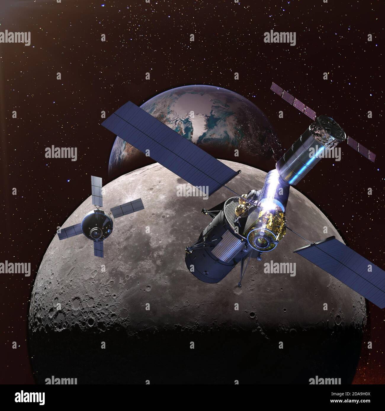 Raumschiffe im Raum über Mond und Erde weit entfernt in der Nacht auf dem Hintergrund. Elemente dieses Bildes, die von der NASA eingerichtet wurden. Stockfoto