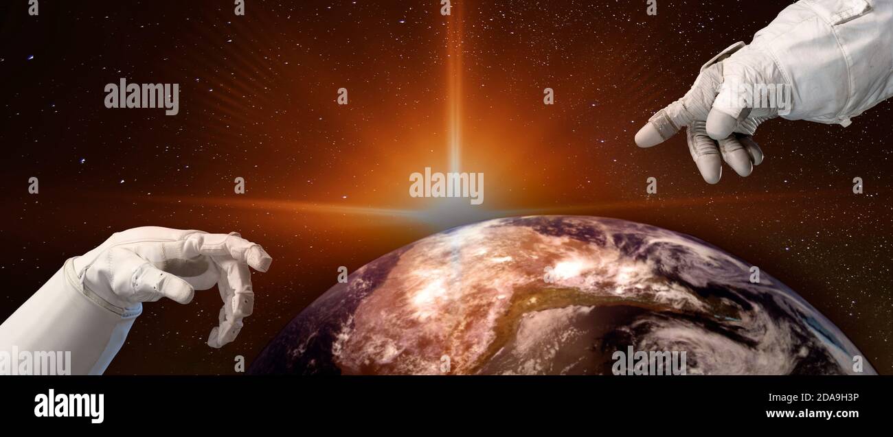 Nahaufnahme von menschlichen Händen, die sich mit den Fingern über dem Planeten Erde und Sonnenaufgang im Weltraum berühren. Konzept der Tiefenraumforschung. Elemente dieses Bildes f Stockfoto