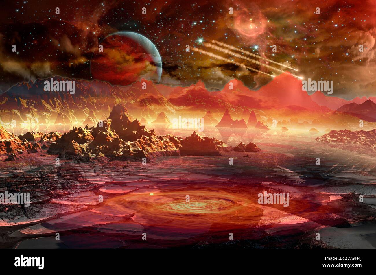 Raumschiff im Weltraum über dem roten Planeten im fernen Sonnensystem. Elemente dieses Bildes, die von der NASA eingerichtet wurden. Stockfoto