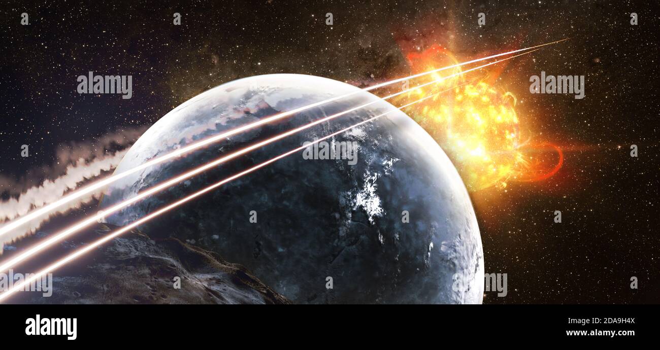 Raumschiff im Weltraum über den Planeten im fernen Sonnensystem. Elemente dieses Bildes, die von der NASA eingerichtet wurden. Stockfoto