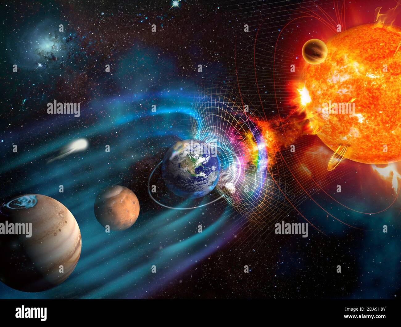 Magnetische Kraftlinien, die die Erde umgeben, bekannt als die Magnetosphäre gegen Sonnenwind. Elemente dieses Bildes, die von der NASA eingerichtet wurden. Stockfoto