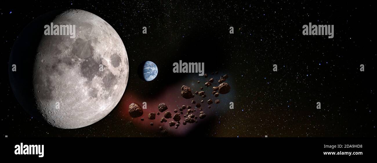 Panorama eines Mondes und Erdplaneten aus dem Weltraum mit einer Gruppe von Asteroiden in der Nähe. Elemente dieses Bildes, die von der NASA eingerichtet wurden. Stockfoto