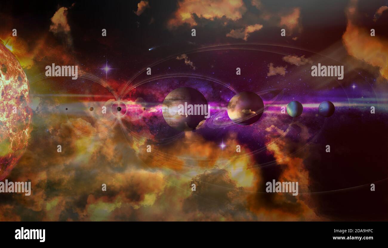 Buntes Sonnensystem mit neun Planeten und Satelliten. Astronomie-Banner mit Planeten stehen in bizarren Plasmawolken in Reihe. Galaxy Entdeckung und explo Stockfoto