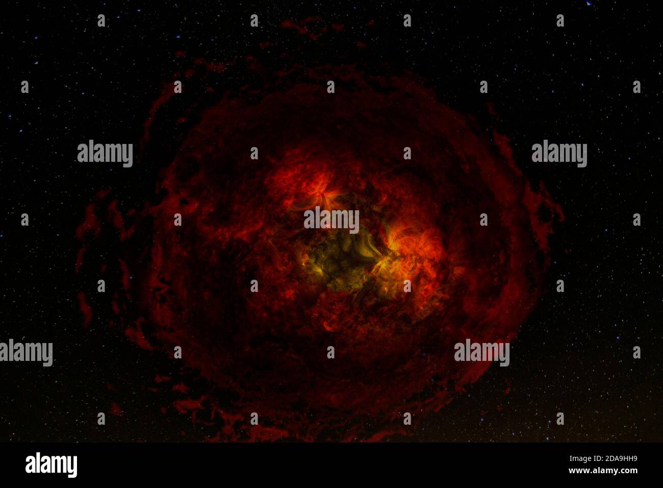 Dunkelrot glühender riesiger Blitz Energiefeld im Raum. Hochenergetische Partikel Kollision - Antimaterie. Elemente dieses Bildes, die von der NASA eingerichtet wurden. Stockfoto