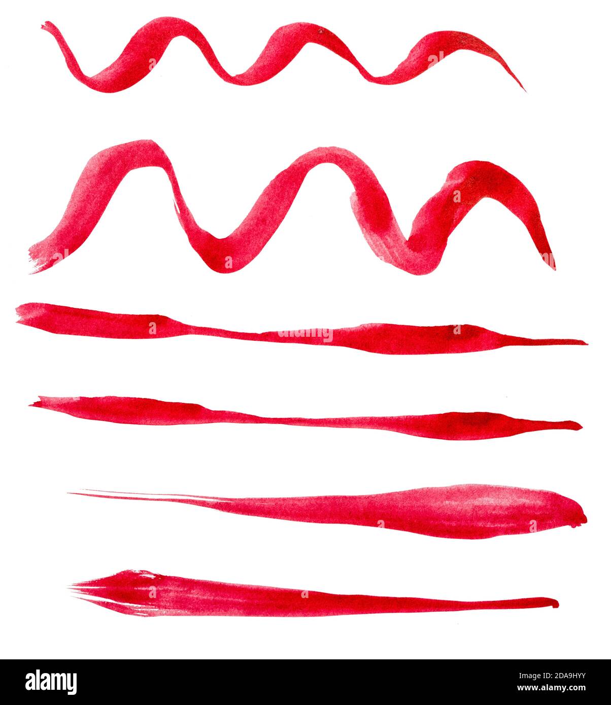 Grunge Farbe Streifen Vektor Pinsel Strich variable Dicke. Verzweifelter Banner. Rot isoliert handgezeichnete Pinsel Sammlung Set. Moderner strukturierter Shap Stockfoto