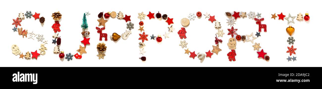 Bunte Weihnachtsdekoration Brief Gebäude Wort Unterstützung Stockfoto