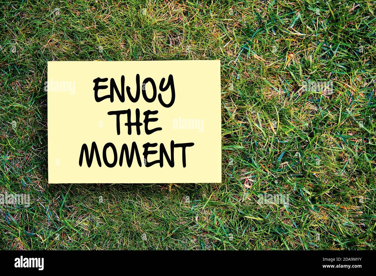 Genießen Sie den Moment motivierende Nachricht auf Papier auf grünem Gras Hintergrund geschrieben. Inspirierendes Zitat für positive glückliche unvergessliche Zeiten Stockfoto