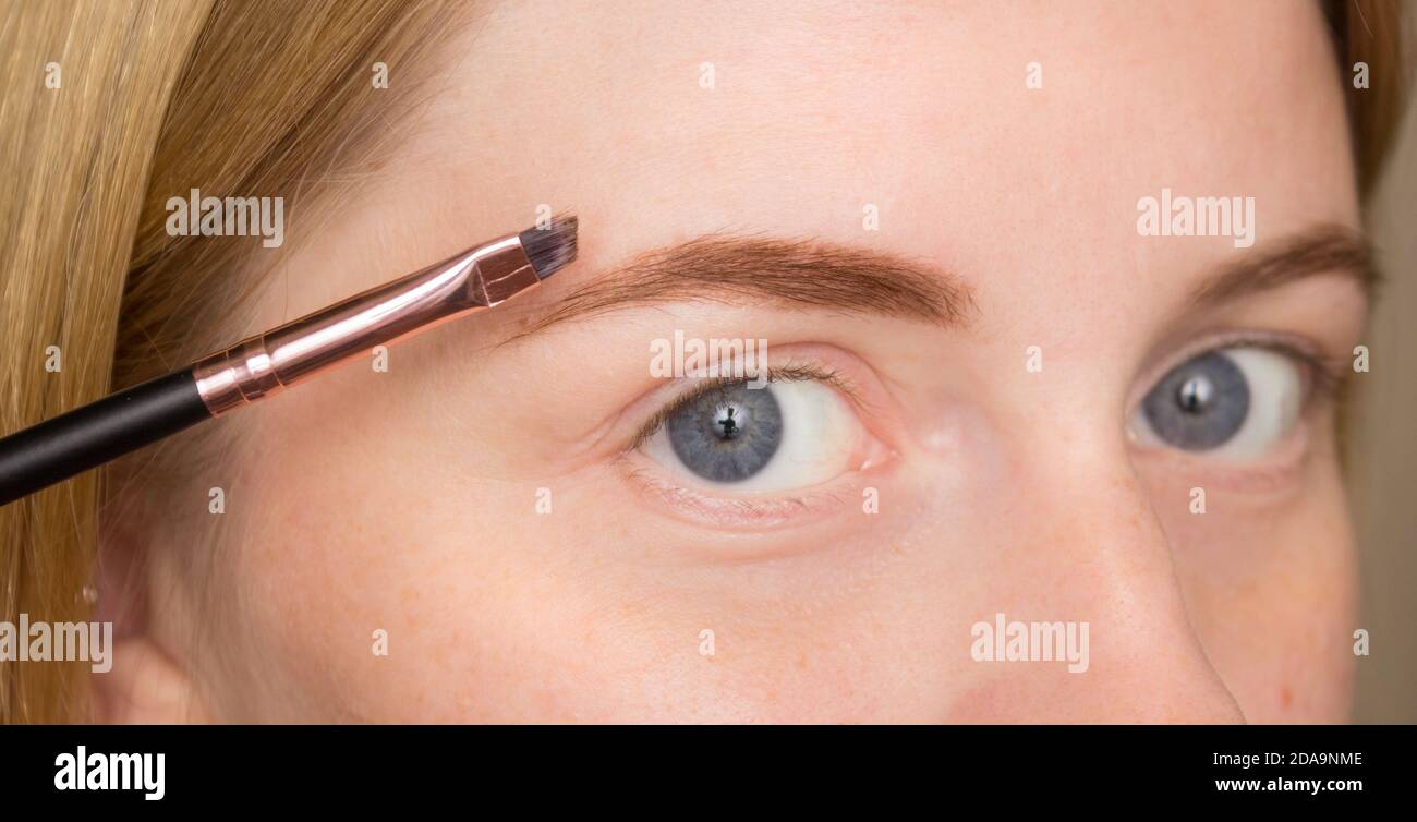 Teil des Gesichts einer Frau, Augenbrauen Färbung mit einem Pinsel und Farbe, Augenbrauenkorrektur. Gesichtspflege, Make-up. Stockfoto