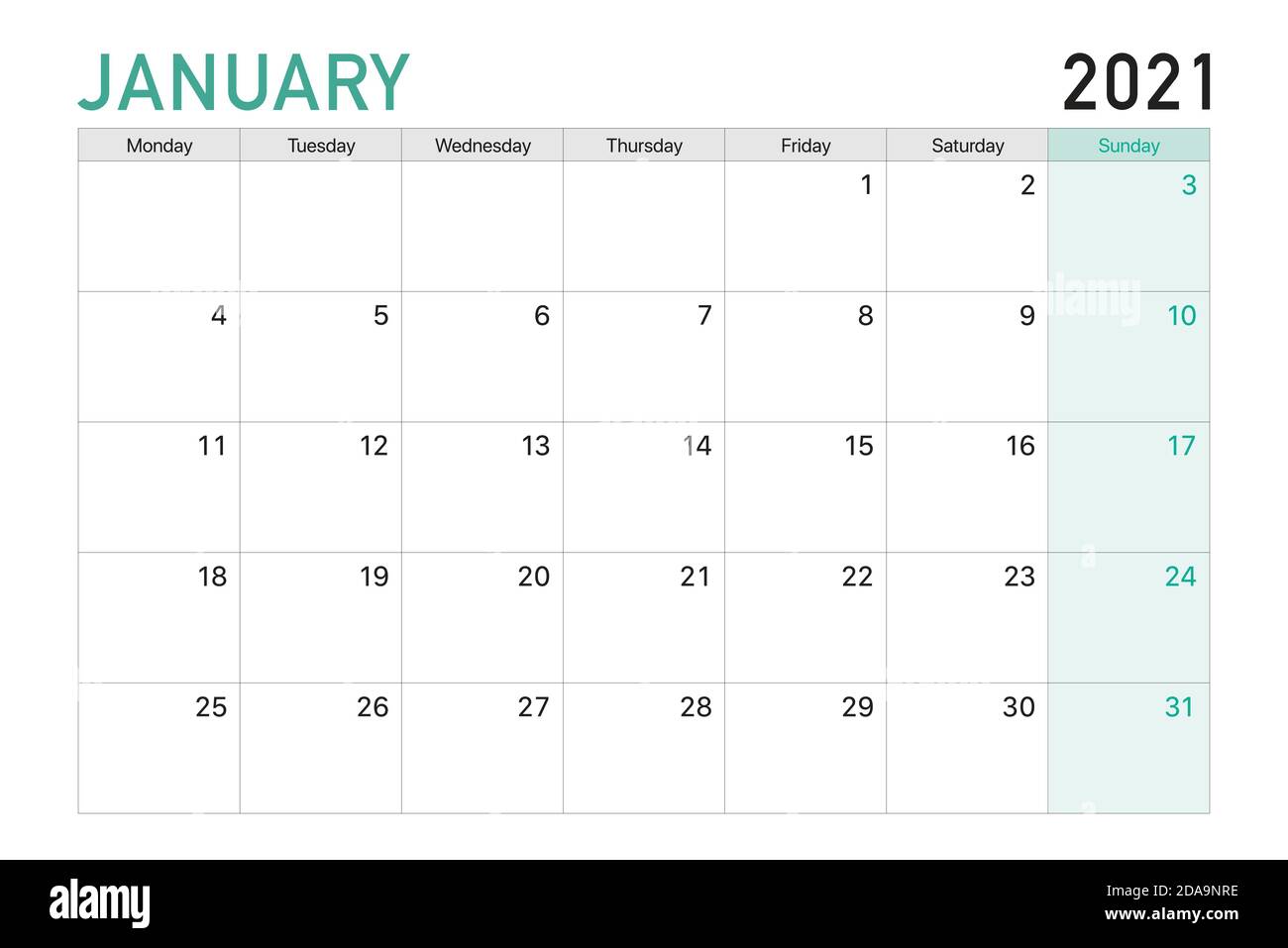 2021 Januar Illustration Vektor Schreibtisch Kalenderwochen beginnen am Montag In hellgrün und weiß Thema Stock Vektor