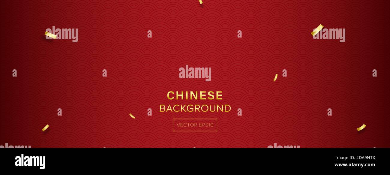 Orientalisches Wellenmuster auf rotem Bannerhintergrund mit goldener Farbe Konfetti Stock Vektor