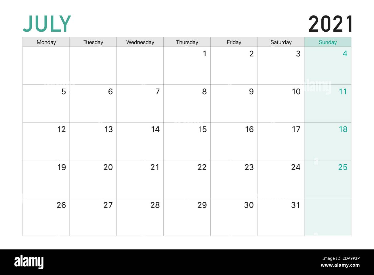2021 Juli Illustration Vektor Schreibtisch Kalenderwochen beginnen am Montag In hellgrün und weiß Thema Stock Vektor