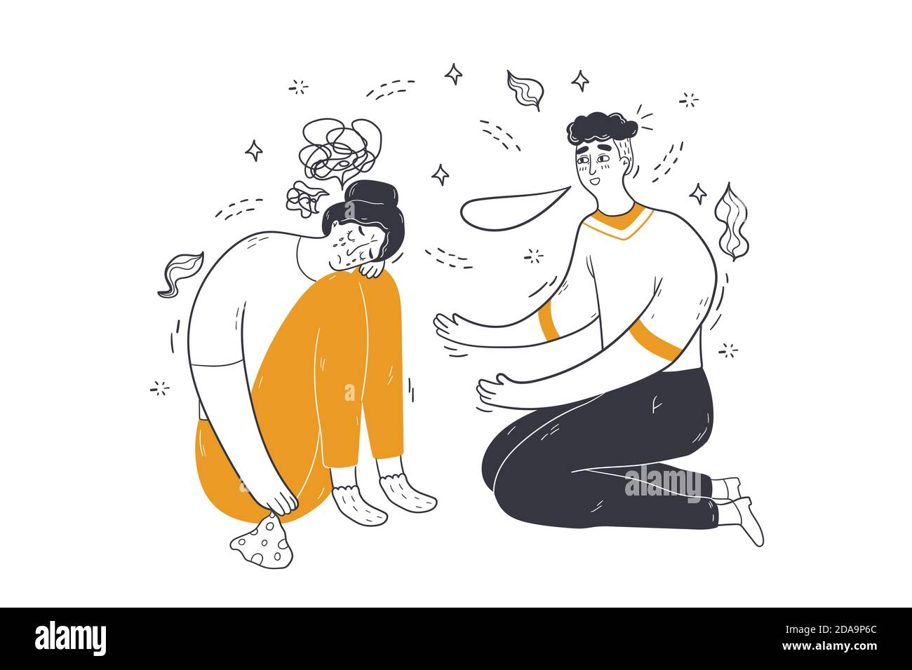 Mentaler Stress, Depression, Unterstützungskonzept. Mann Kerl Cartoon Charakter tröstend beruhigend depressiv ängstlich frustriert Frau Mädchen im Geist Störung. Illustration zum Welttag der Suizidprävention. Stock Vektor
