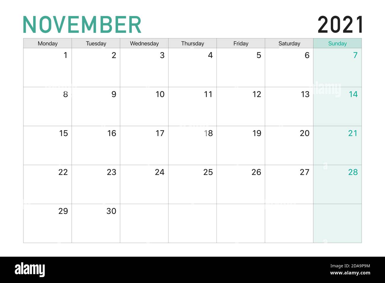 2021 November Illustration Vektor Schreibtisch Kalenderwochen beginnen am Montag In hellgrün und weiß Thema Stock Vektor