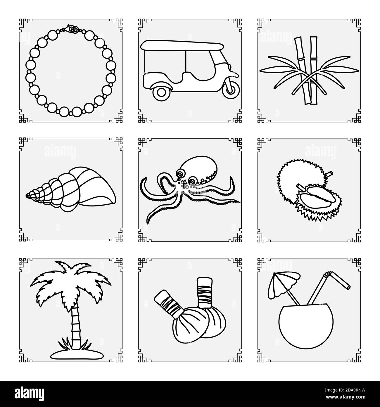 Thailand Symbole Set Vektor-Illustration Perlenkette, Tuk-Tuk, Bambus, Schale, Oktopus, Palme, Kräuterbeutel für Massage, exotische Früchte durian, Stock Vektor