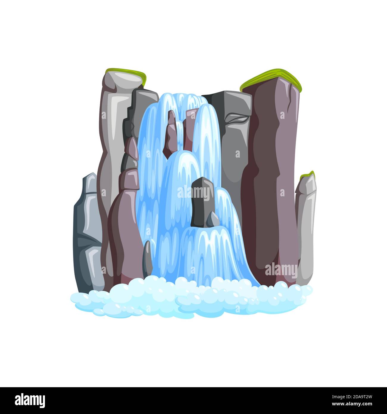 Wasserfall Kaskade in den Bergen. Wasserfall Vorderansicht isoliert in weißem Hintergrund. Vektorgrafik im Cartoon-Stil Stock Vektor