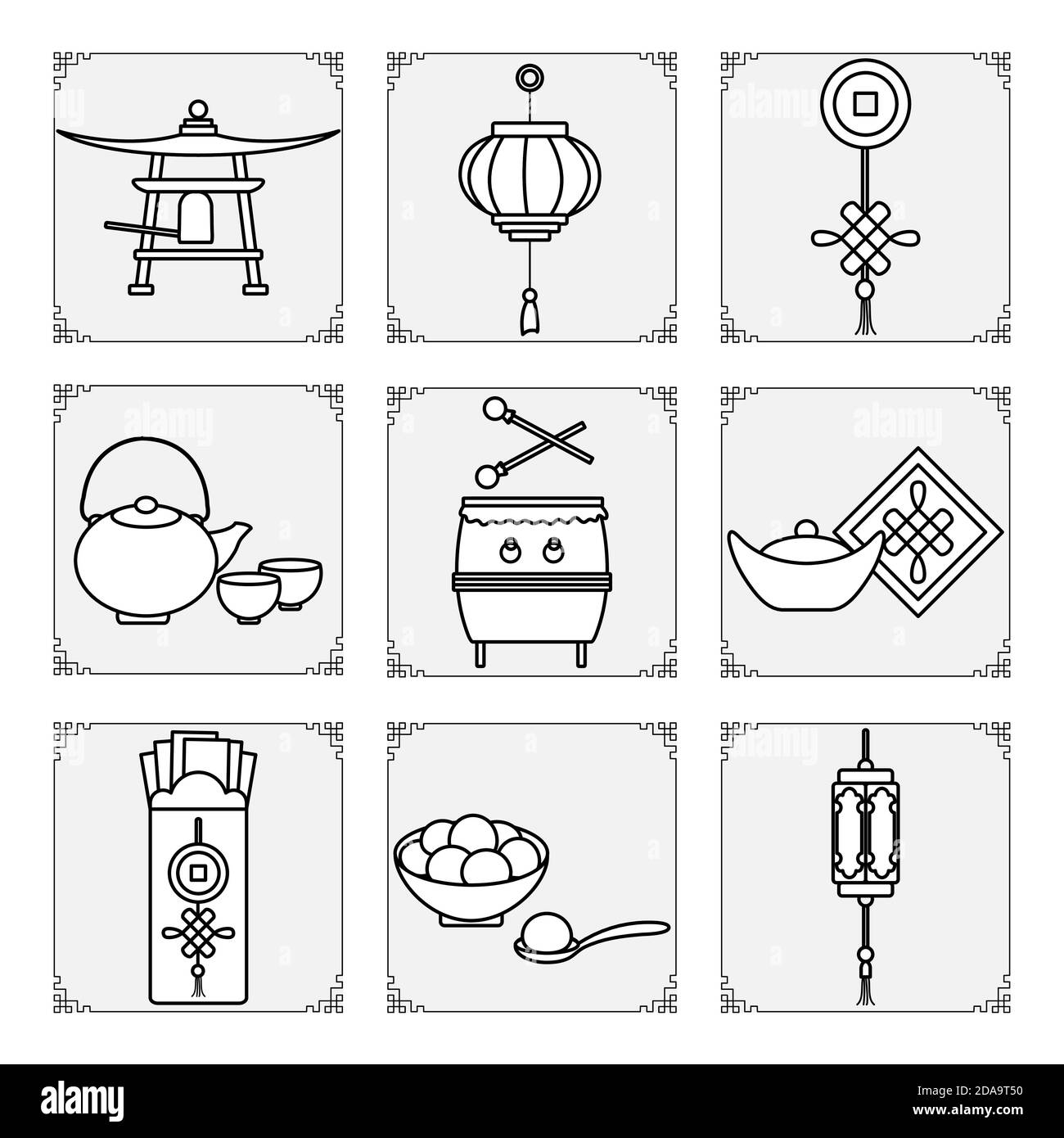 Symbole des chinesischen Neujahrs 2021 Vektor-Illustration Chinesische Laterne, Trommel, Glocke, Ingot, Lebensmittel süß Reisbälle tangyuam, Münze, Teekanne und Tassen, en Stock Vektor