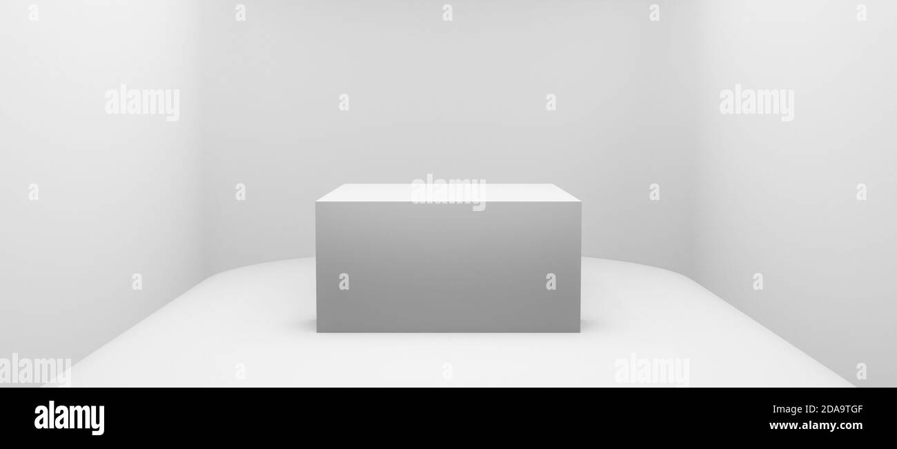 Abstrakter Würfel, Box, Objekt im realistischen digitalen Studio-Interieur mit gebogener Wand oder Hintergrund, cgi Rendering Illustration Stockfoto