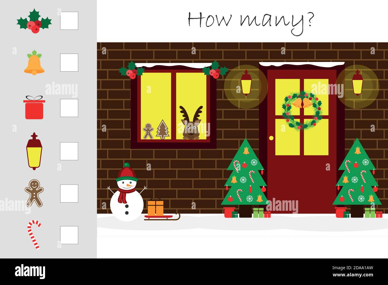 Wie viele Zählen Spiel mit weihnachtsbild für Kinder, pädagogische mathematische Aufgabe für die Entwicklung des logischen Denkens, Vorschule Arbeitsblatt Aktivität Stock Vektor