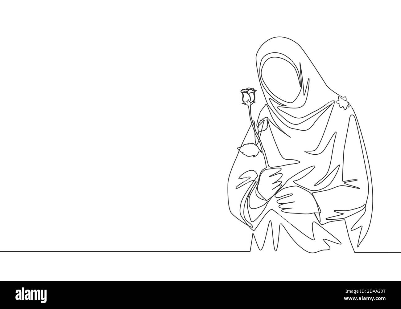 Einzelne kontinuierliche Linie Zeichnung von jungen glücklich niedlichen muslimah mit Kopftuch hält eine Blume Rose. Schönheit asiatische Frau Modell in trendy hijab Mode con Stock Vektor