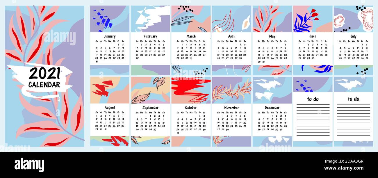 2021 сalendar Wand. Set mit 12 Monaten und Notizblättern. Kalender kann als Bildschirmschoner verwendet werden. Abstrakte künstlerische Vektor-Illustrationen. Stock Vektor