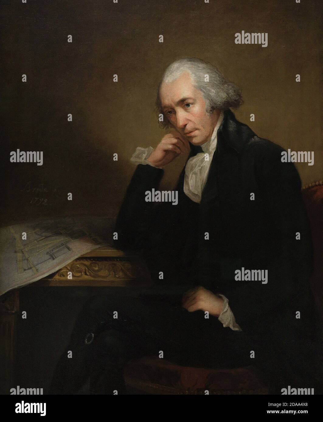 James Watt (1736-1819). Schottischer Erfinder und Maschinenbauingenieur. Potrait von Carl Fredrik von Breda (1759-1818). Watt wird mit den Plänen für seinen Kondensator dargestellt. Öl auf Leinwand (125,7 x 100,3 cm), 1792. National Portrait Gallery. London, England, Vereinigtes Königreich. Stockfoto